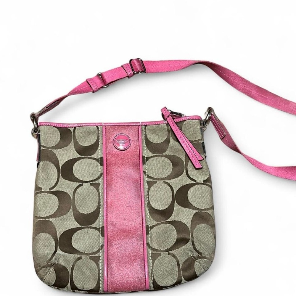 Coach Khaki Signature Crossbody with Pink Trim